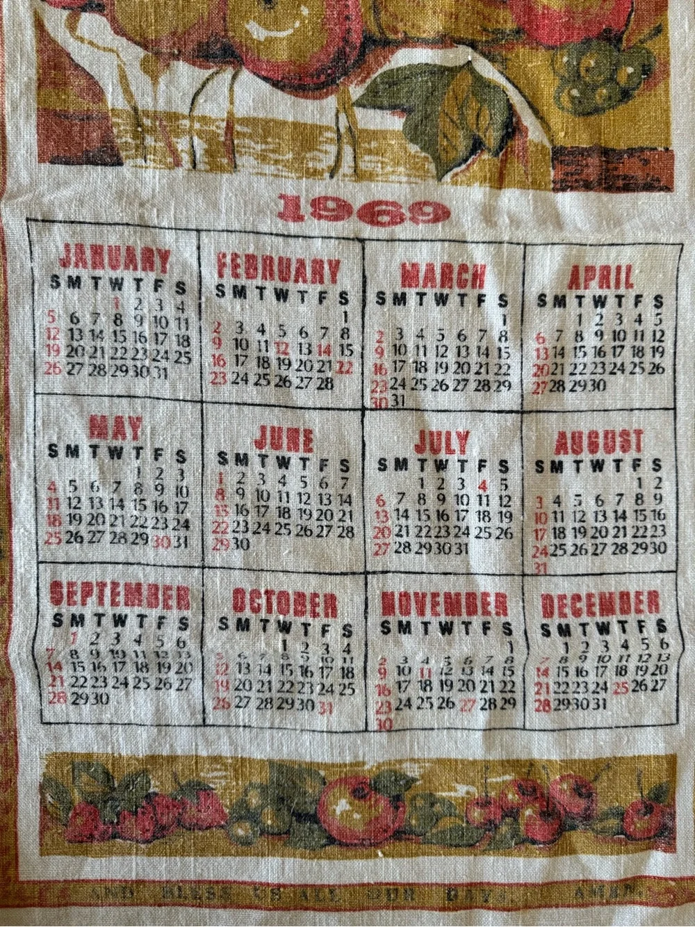 Vintage 1969 Fruit Basket Calendar Tapestry